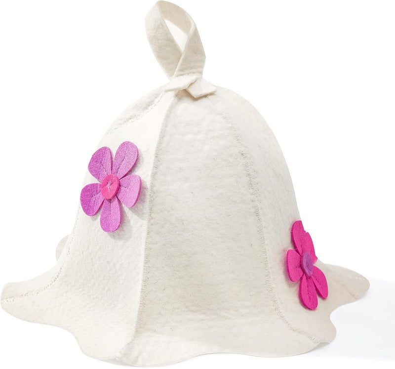 Nicalas Sauna Hat,Natural Wool Sauna Hat for Men and Women,Traditional Sauna Cap,Flowers White - Image 1